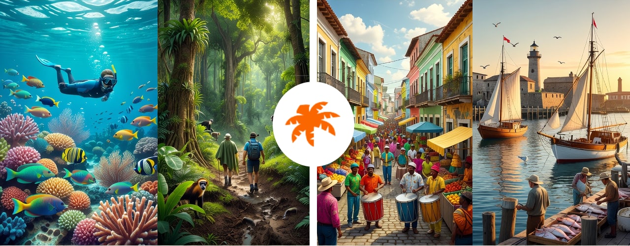 Snorkeling over a coral reef, a rainforest trail, a colorful street parade and a harbour